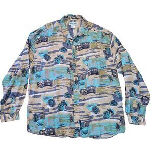 Pure Silk XL Button Up Shirt Abstract Blue Beige Retro Vintage‎